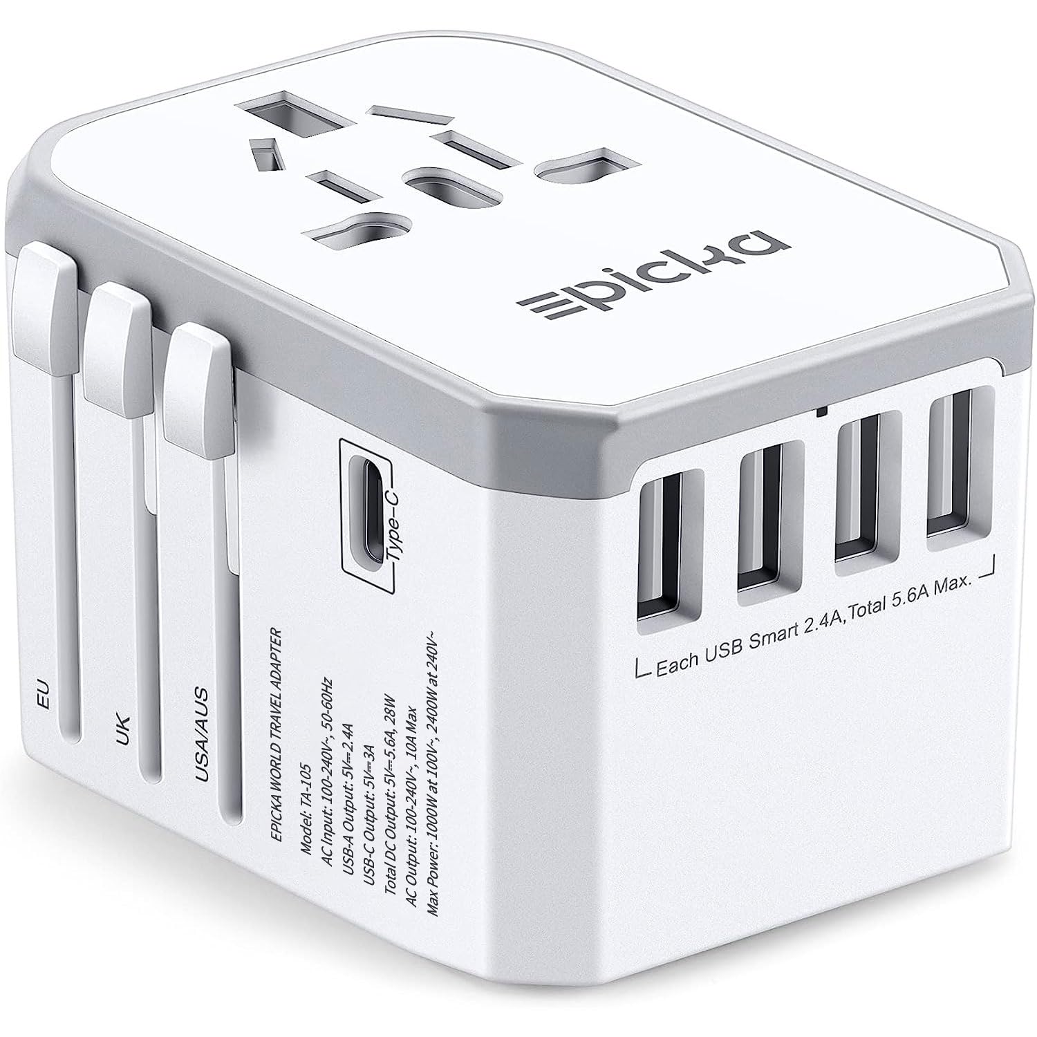 EPICKA TA-105 universal travel adapter, front view for worldwide charging on the go