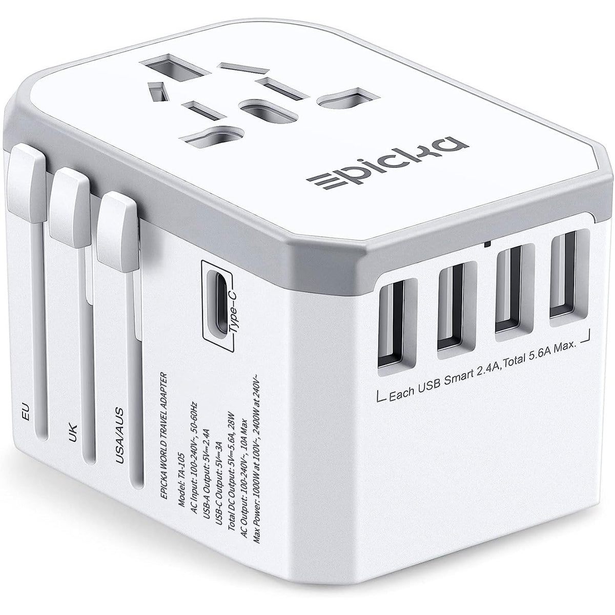 EPICKA TA-105 universal travel adapter, front view for worldwide charging on the go