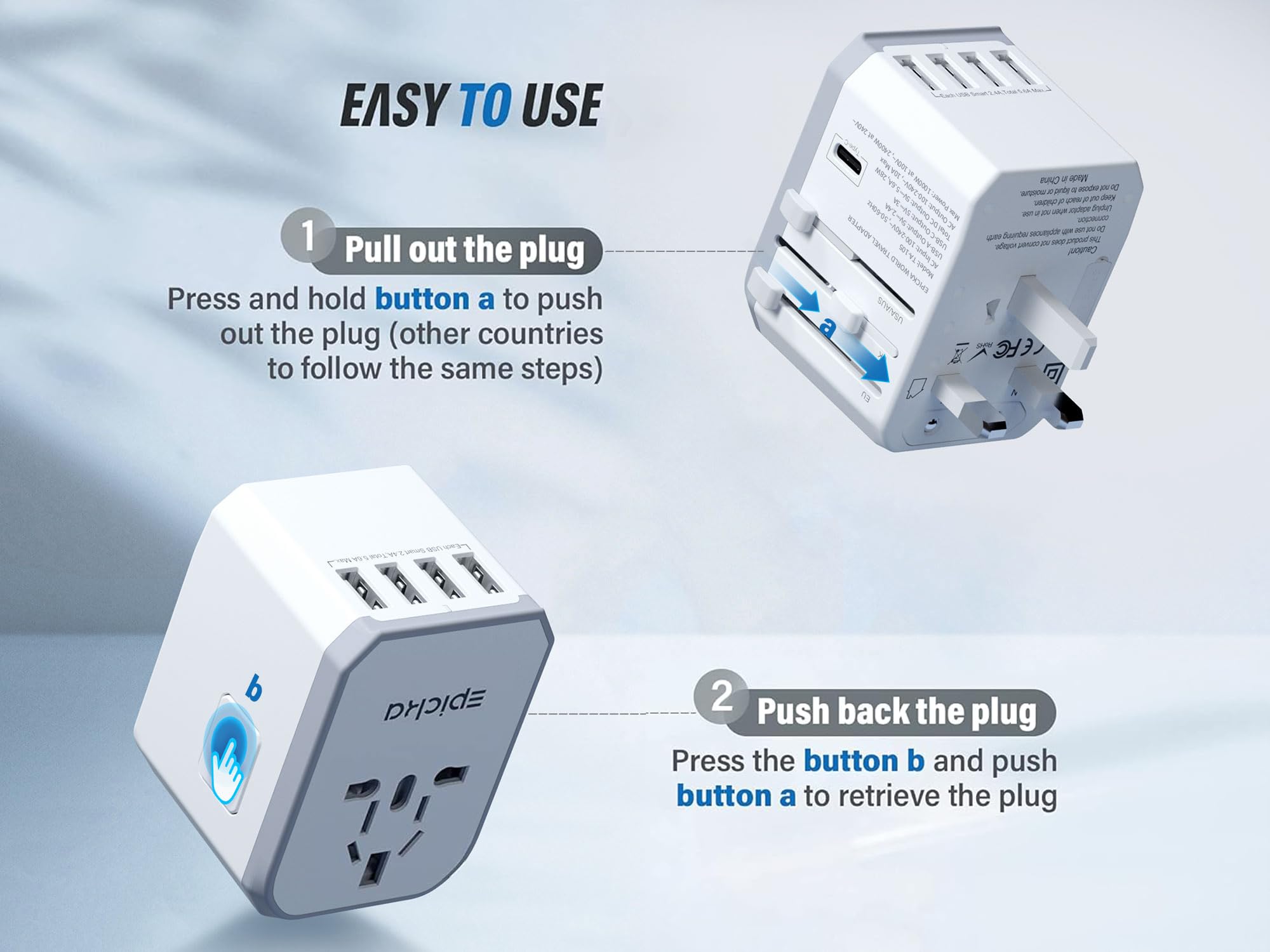 EPICKA TA-105 world plug options indicating broad travel compatibility