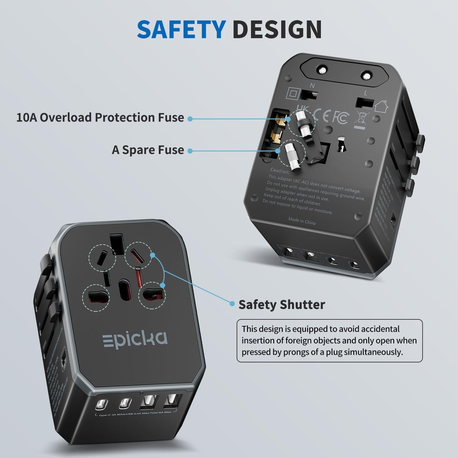 EPICKA TA105C voltage note: verify device compatibility before travel.