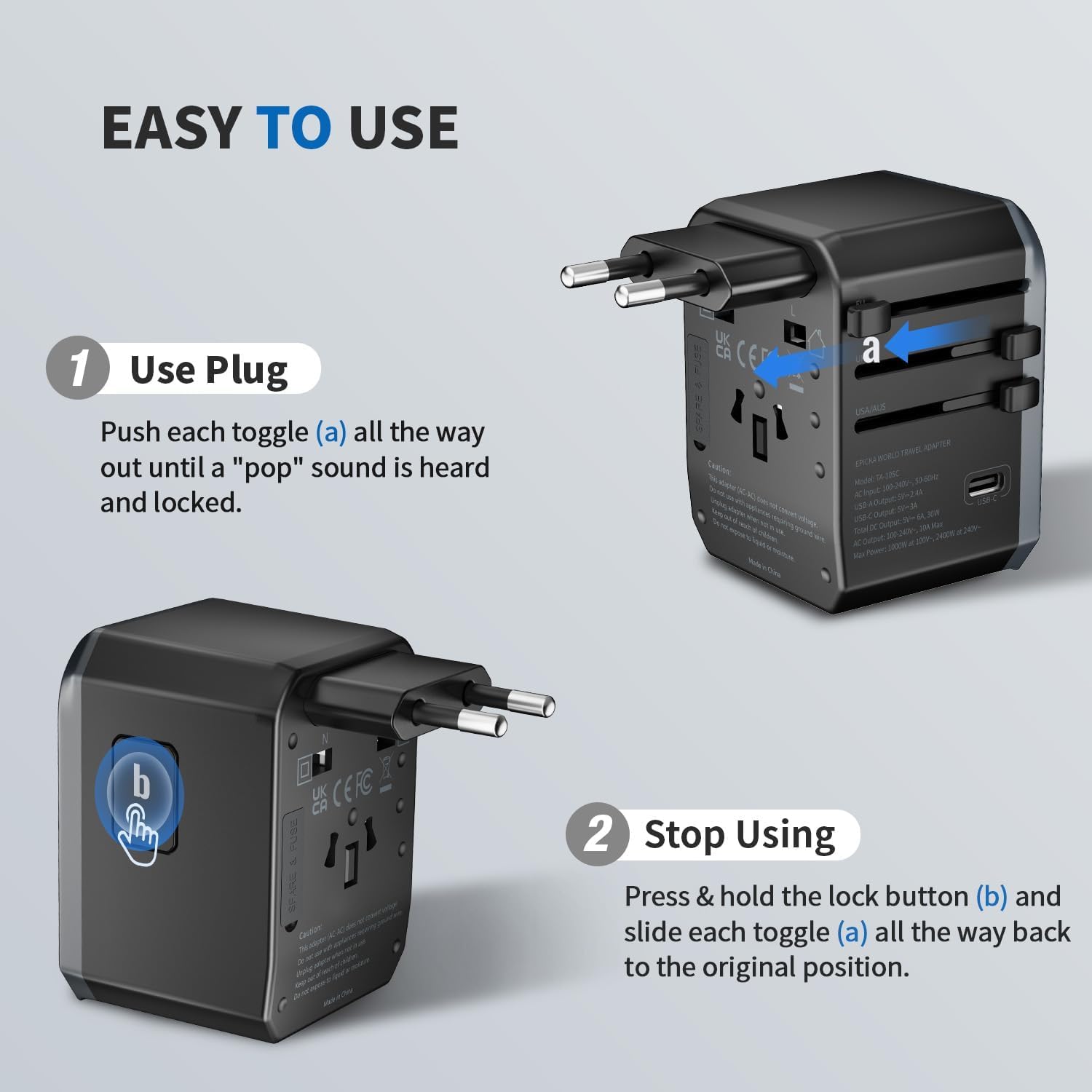EPICKA TA105C cruise-ready adapter for safe shipboard charging.