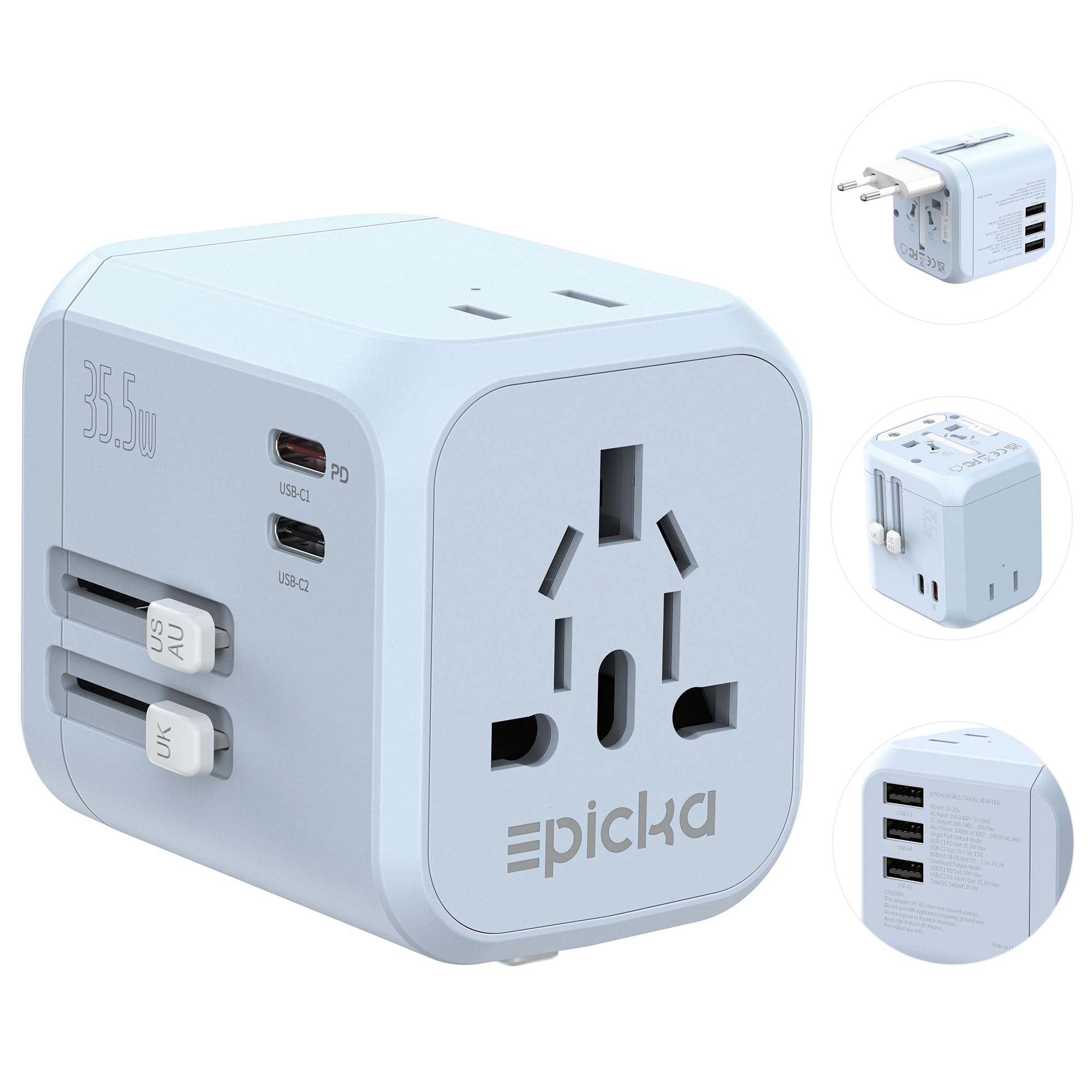 EPICKA TA-205 front view, compact travel adapter for worldwide charging