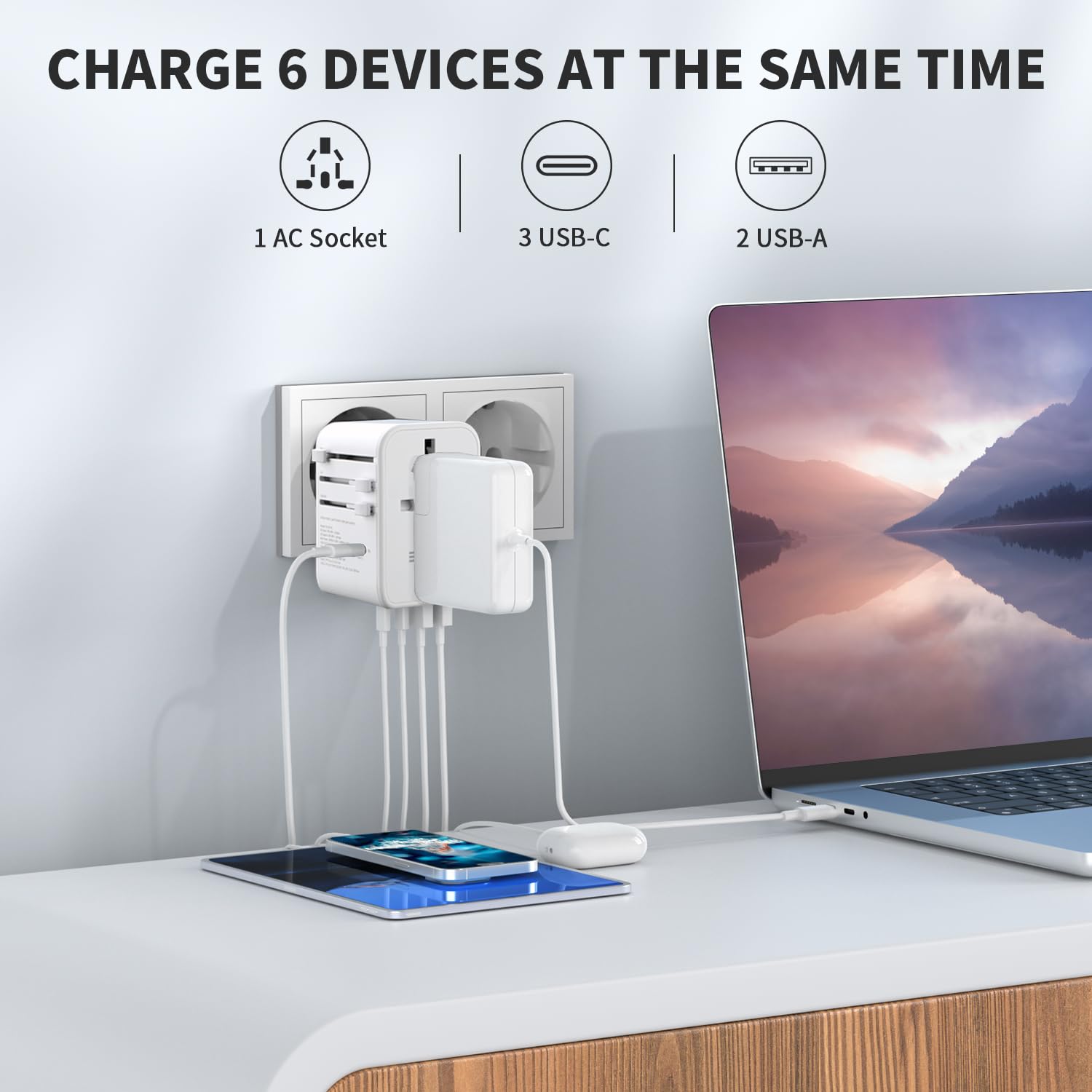 EPICKA travel adapter 3 USB-C ports and 2 USB-A ports power multiple devices at once.