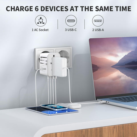 EPICKA travel adapter 3 USB-C ports and 2 USB-A ports power multiple devices at once.