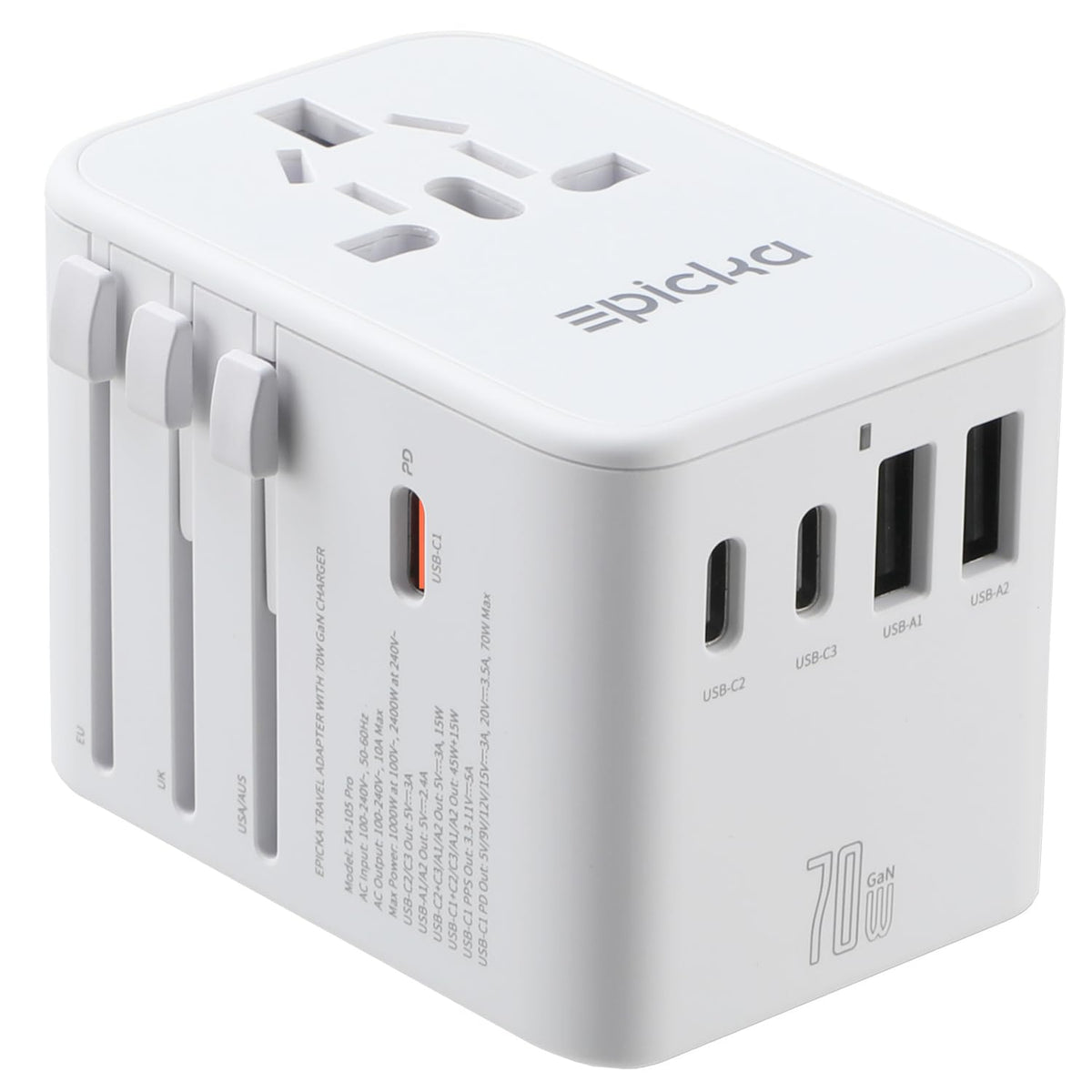 EPICKA universal travel adapter compact design for easy packing and worldwide charging.