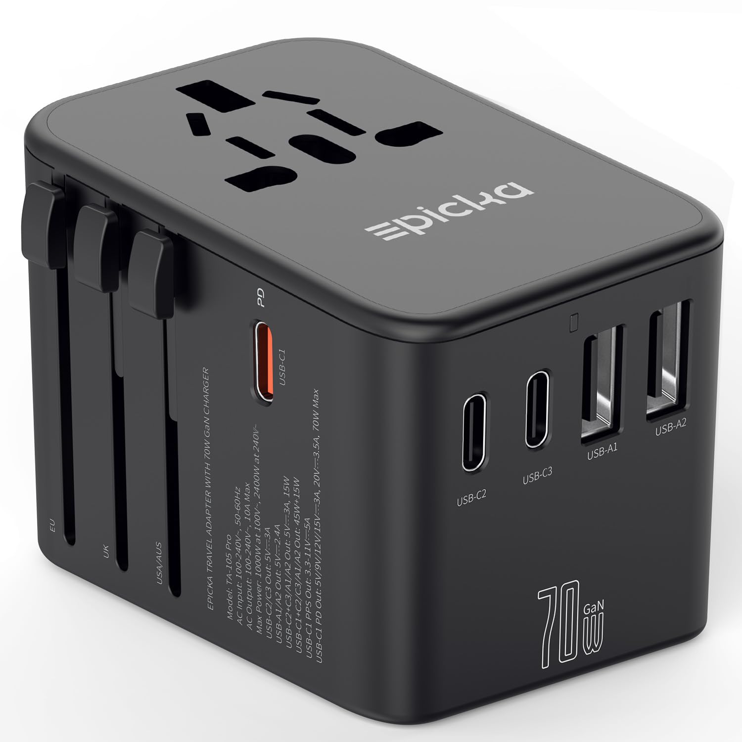 EPICKA universal travel adapter front view, compact and ideal for light packing.