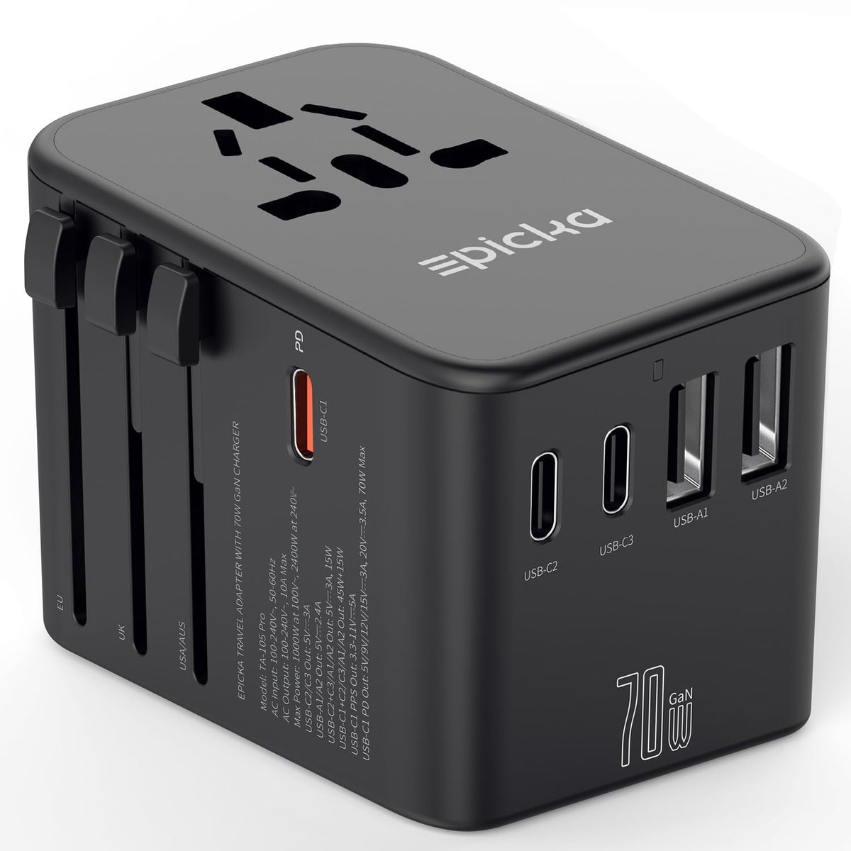 EPICKA universal travel adapter front view, compact and ideal for light packing.