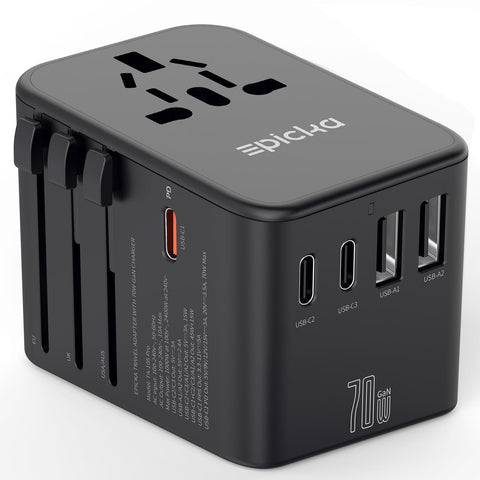 EPICKA universal travel adapter front view, compact and ideal for light packing.