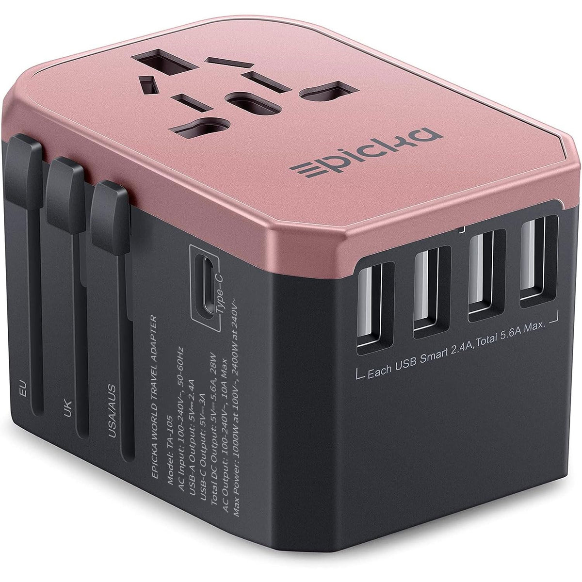 epicka universal travel adapter rose gold front view for global charging