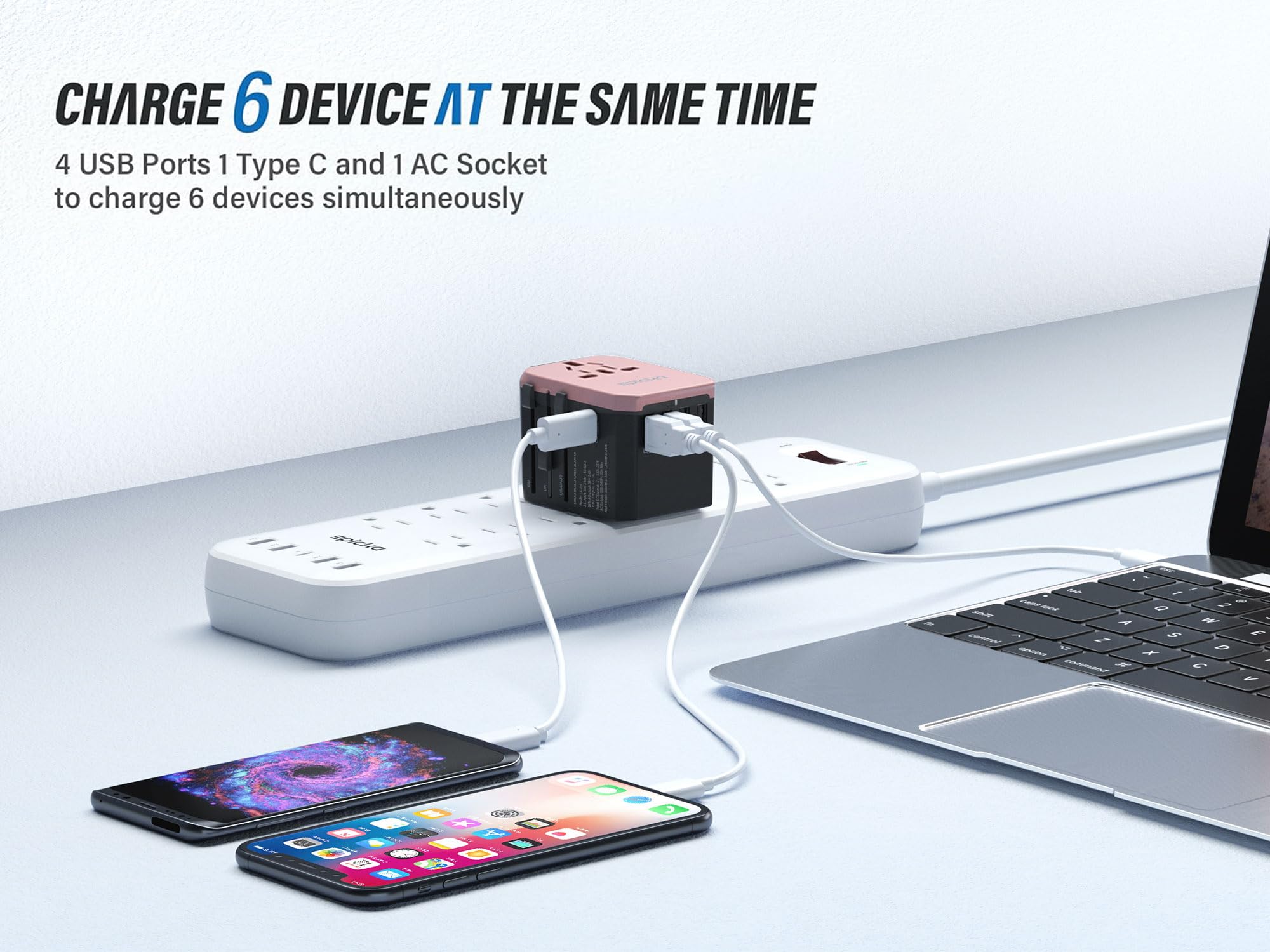 epicka universal travel adapter rose gold exposed ports for multi-device charging