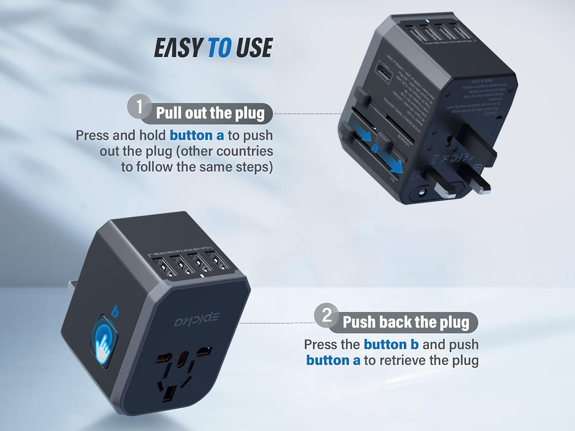 EPICKA universal travel adapter country plugs display worldwide compatibility for travelers.