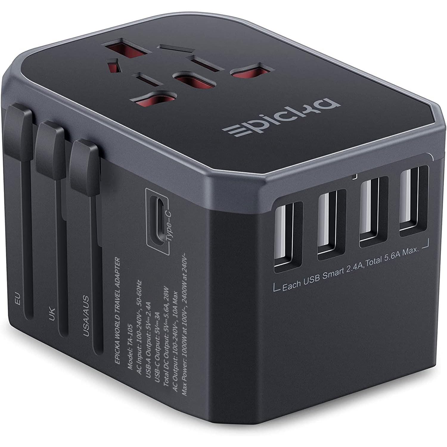 EPICKA universal travel adapter front view for compact global charging on the go.