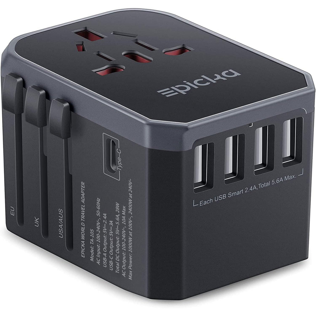 EPICKA universal travel adapter front view for compact global charging on the go.