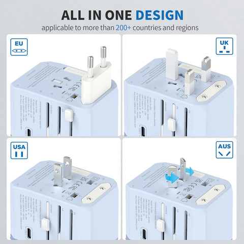 EPICKA universal travel adapter blue folding plugs enable global compatibility.
