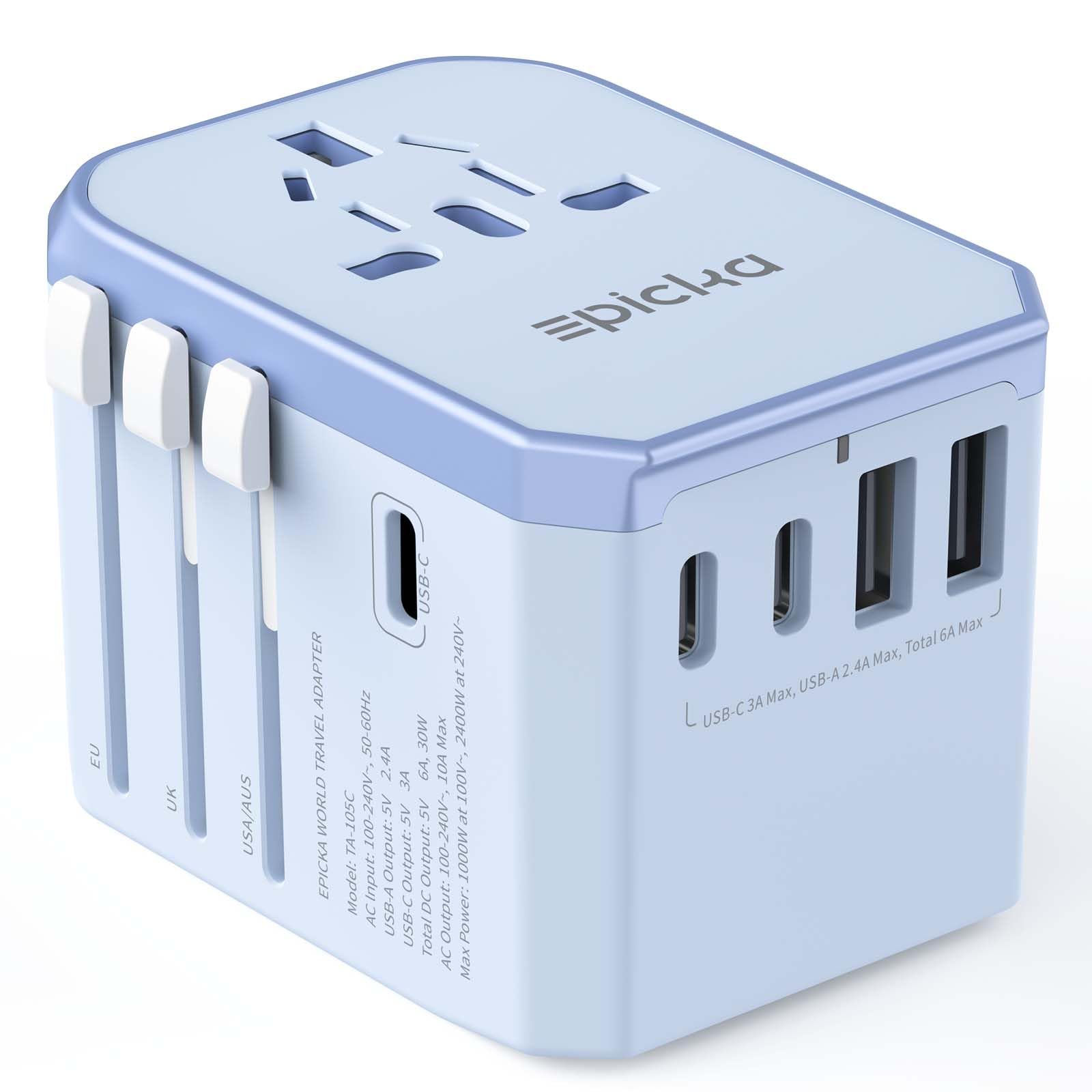 EPICKA universal travel adapter front view, compact for easy packing on trips.