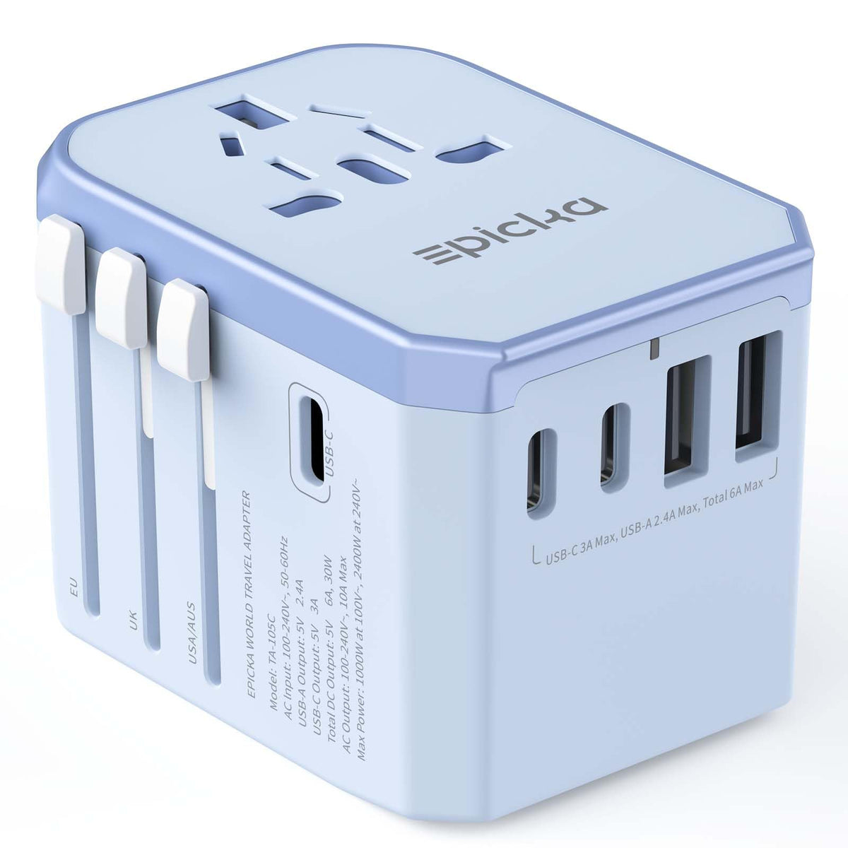 EPICKA universal travel adapter front view, compact for easy packing on trips.