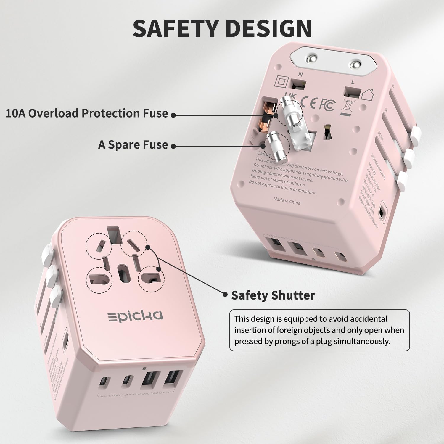 EPICKA TA-105C pink compact portable travel adapter fits in luggage