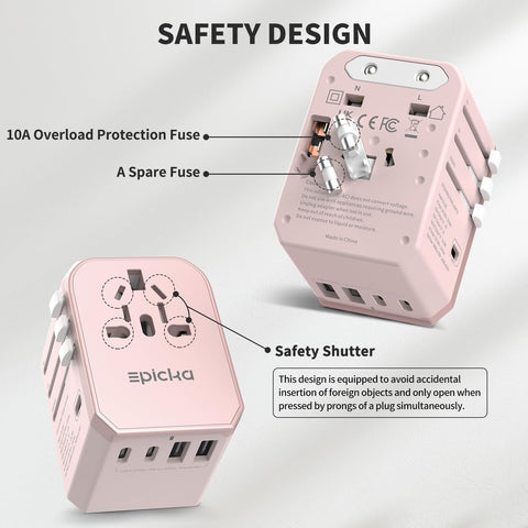 EPICKA TA-105C pink compact portable travel adapter fits in luggage