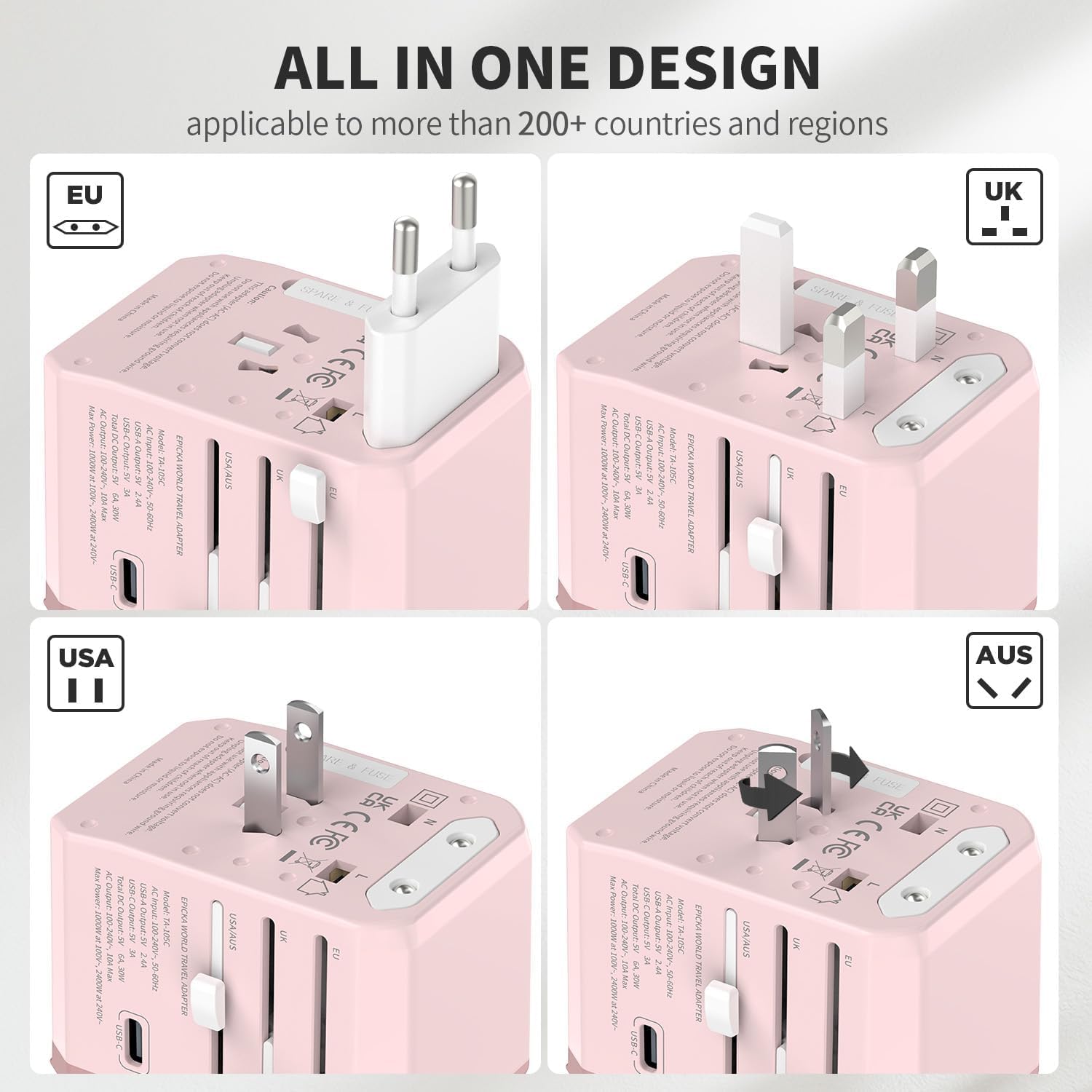 EPICKA TA-105C pink with USB ports for fast multi-device charging on the go