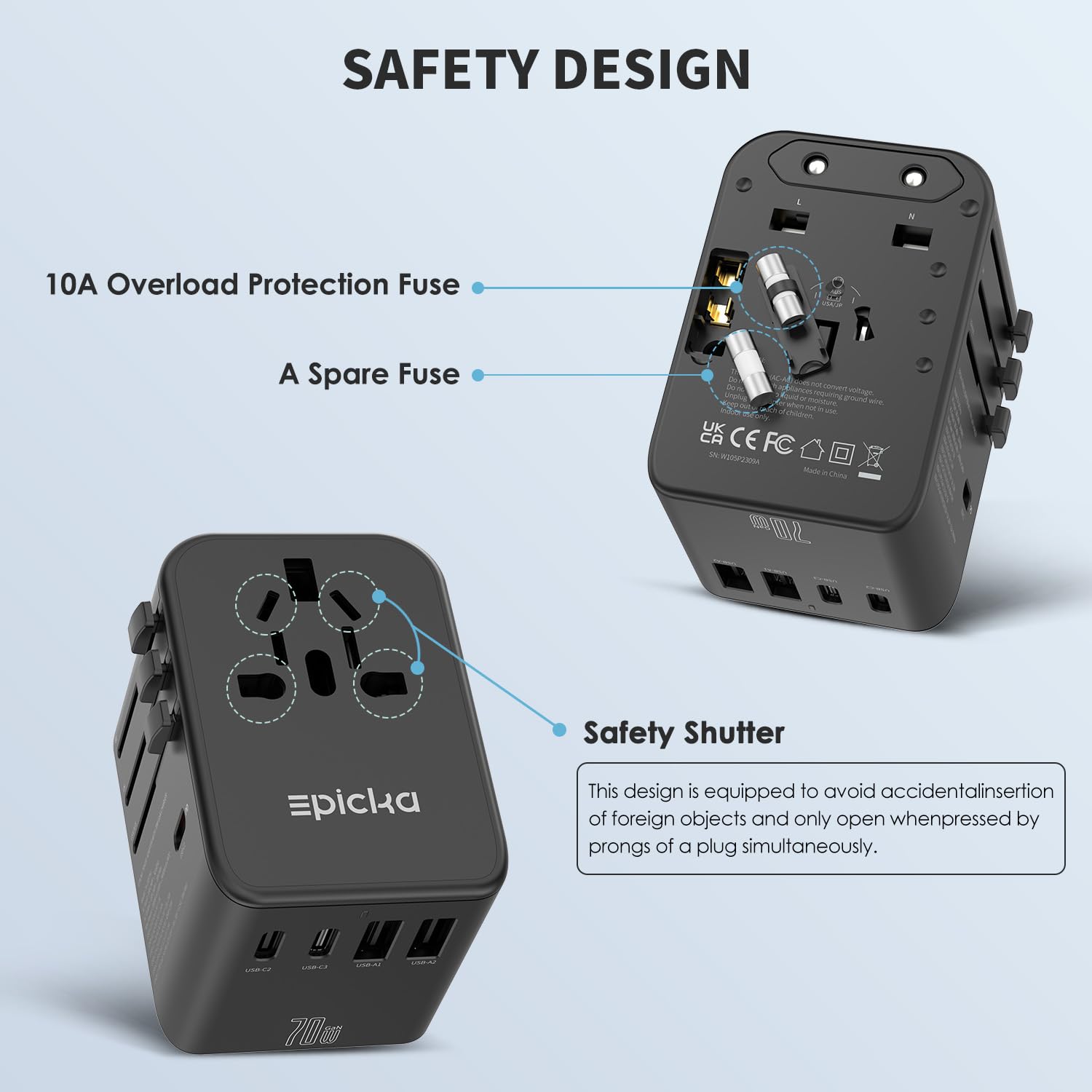 EPICKA world-wide-socket-types shows multiple plug options for country-specific outlets.