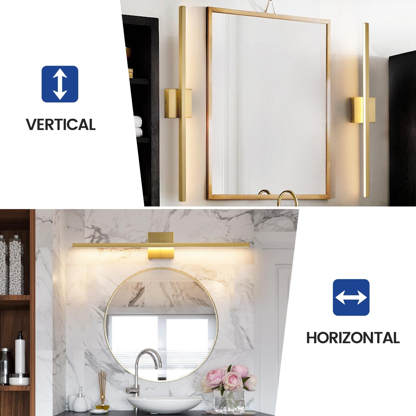 Epinl Gold vanity light above bathroom mirror brightens grooming area.