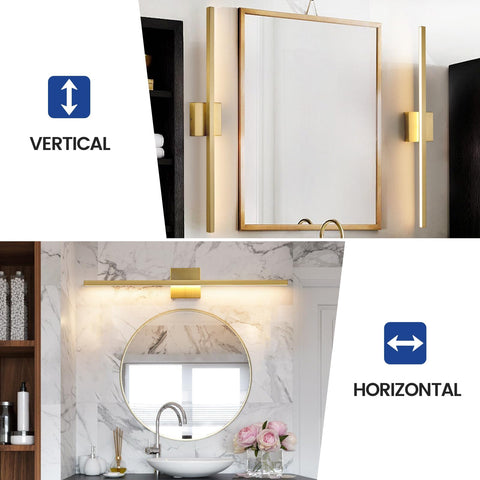 Epinl Gold vanity light above bathroom mirror brightens grooming area.