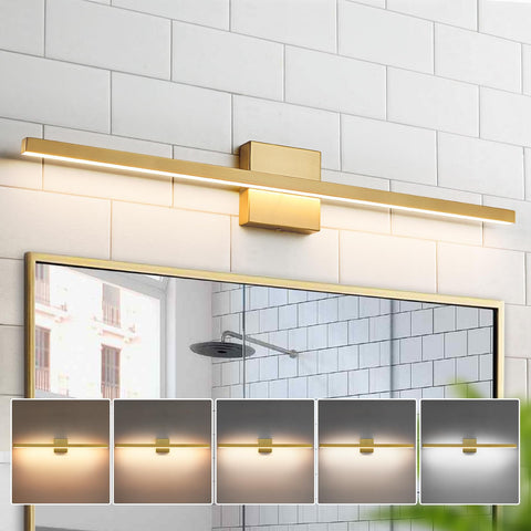 Epinl Gold vanity light over mirror delivers clear, even task lighting.