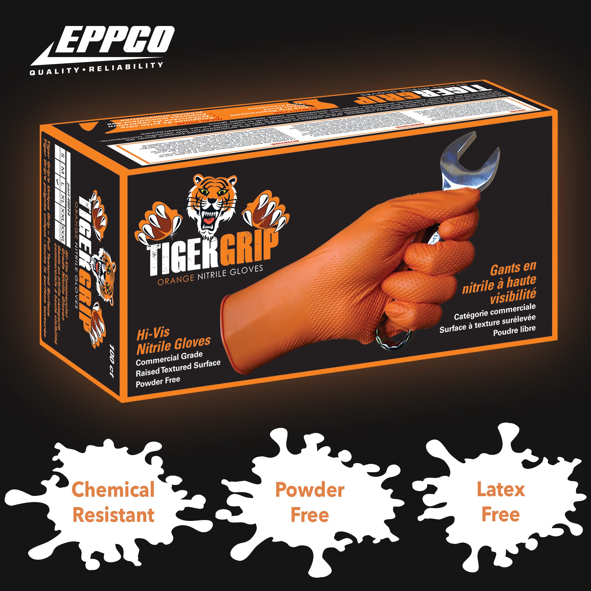EPPCO TigerGrip orange nitrile glove providing grip on tools and machinery