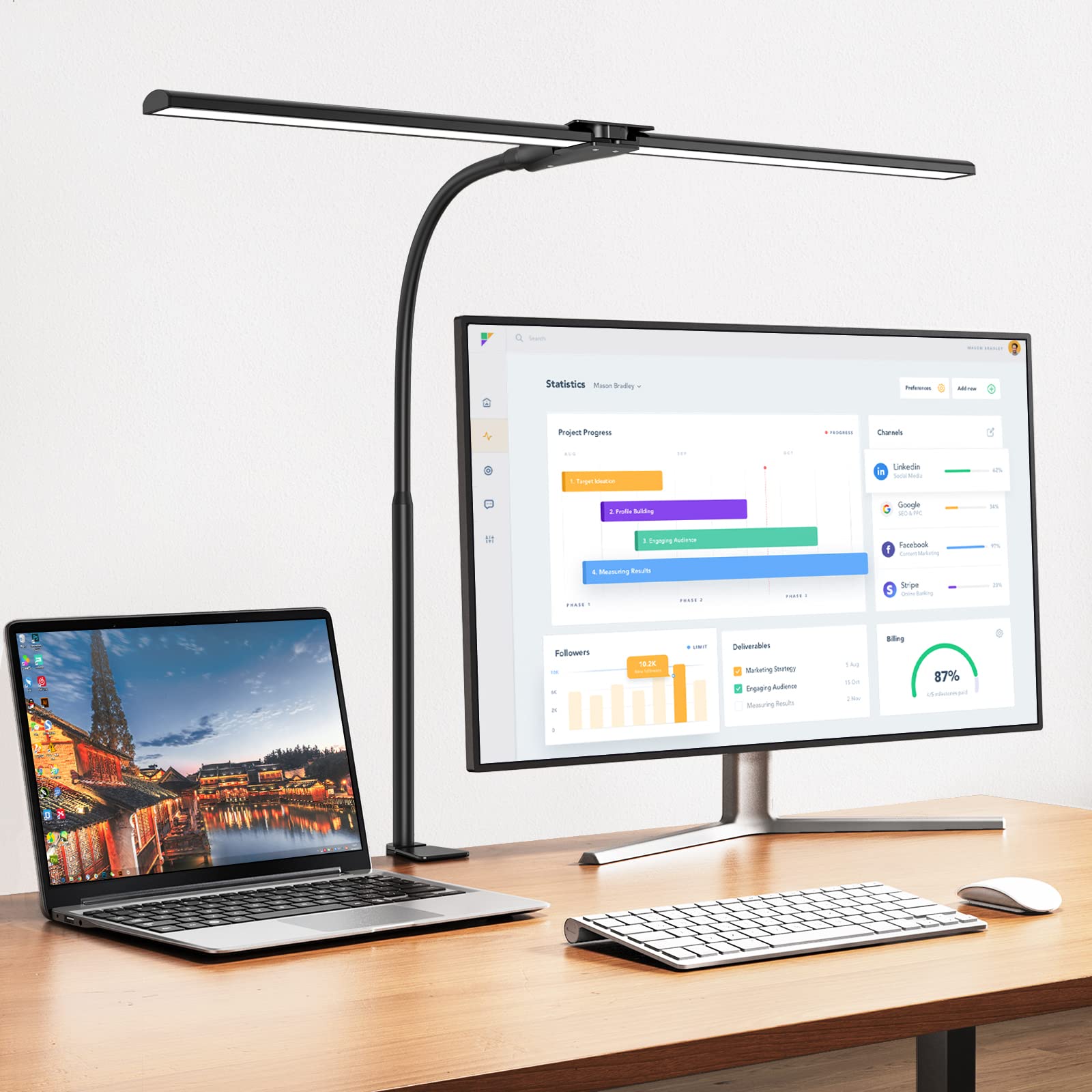 EppieBasic LED Desk Lamp with double head extended bar for wide desk coverage.