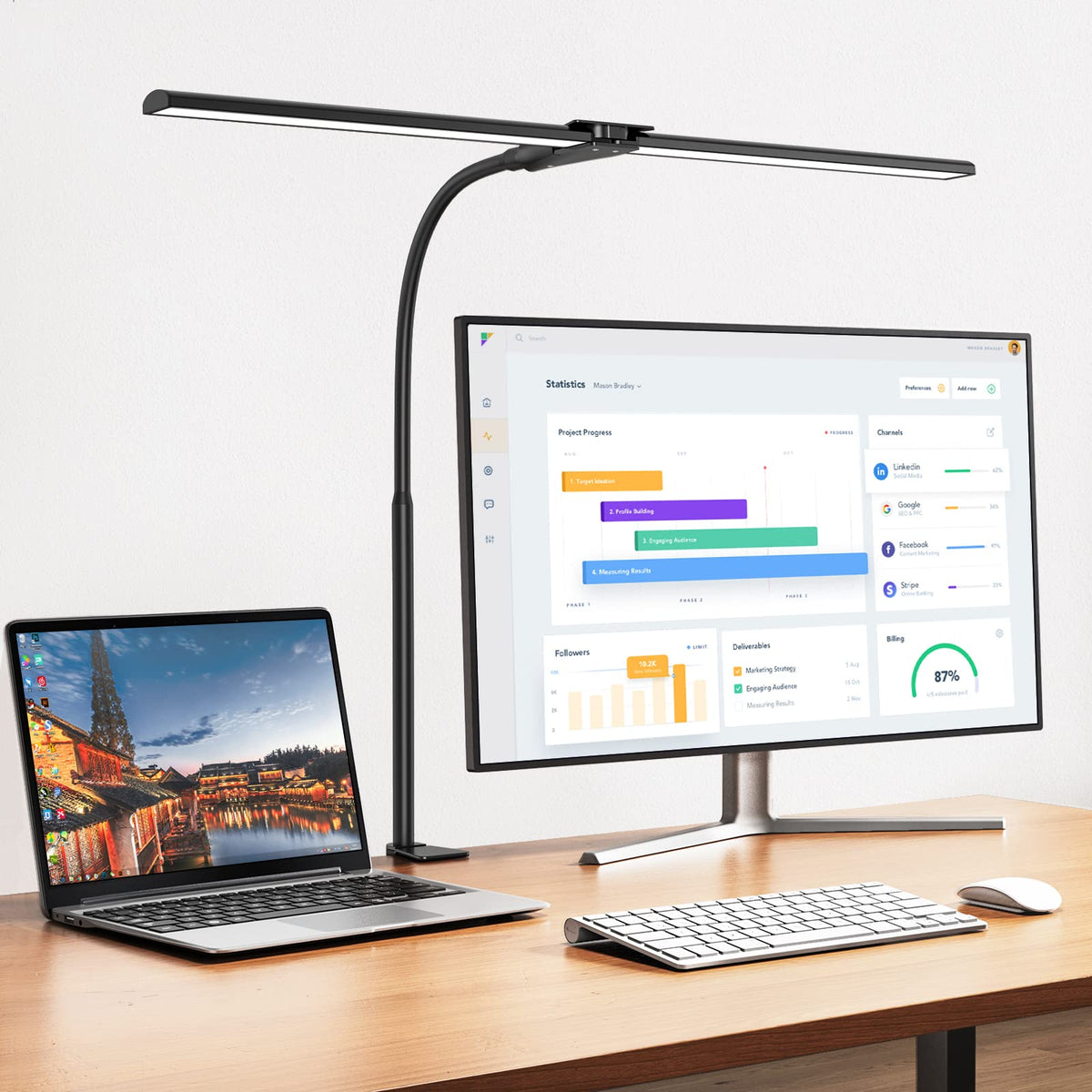 EppieBasic LED Desk Lamp with double head extended bar for wide desk coverage.