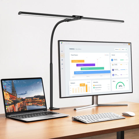 EppieBasic LED Desk Lamp with double head extended bar for wide desk coverage.