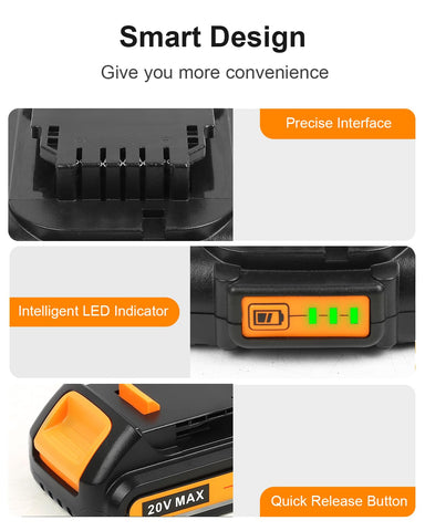 Epveyement 20V charger with LED status indicators, quick charge monitoring.