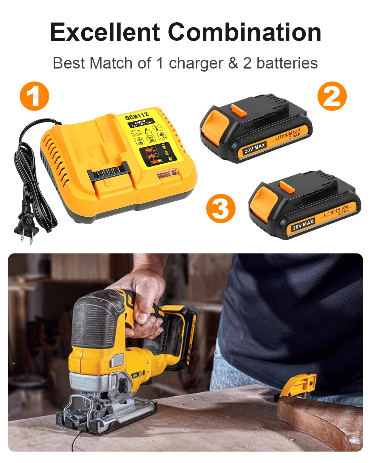 Epveyement 2-pack 20V battery DCB203 connected to Dewalt tool, versatile compatibility.