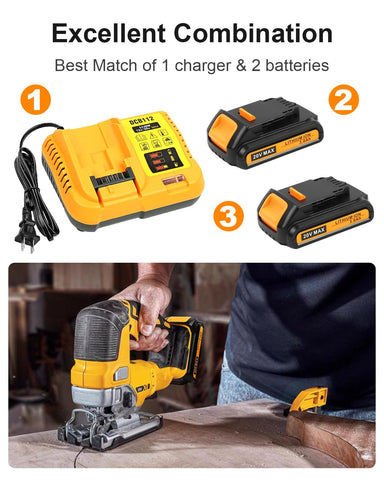Epveyement 2-pack 20V battery DCB203 connected to Dewalt tool, versatile compatibility.