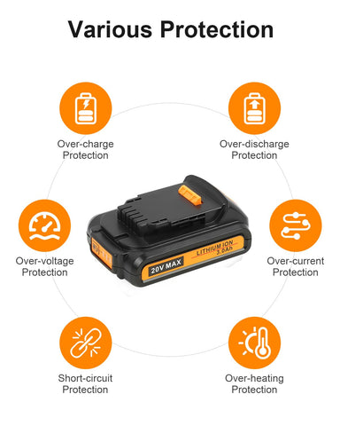 Epveyement 2-pack 20V battery DCB205 paired with Dewalt device, smooth swap readiness.