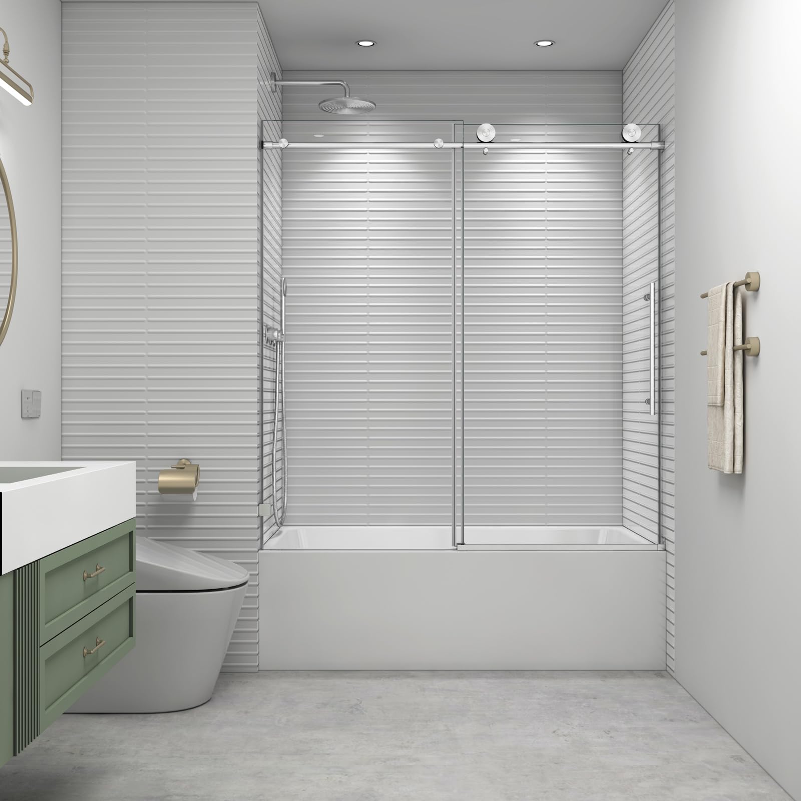 EPXMKX soft-closing sliding shower door in action for quiet operation.
