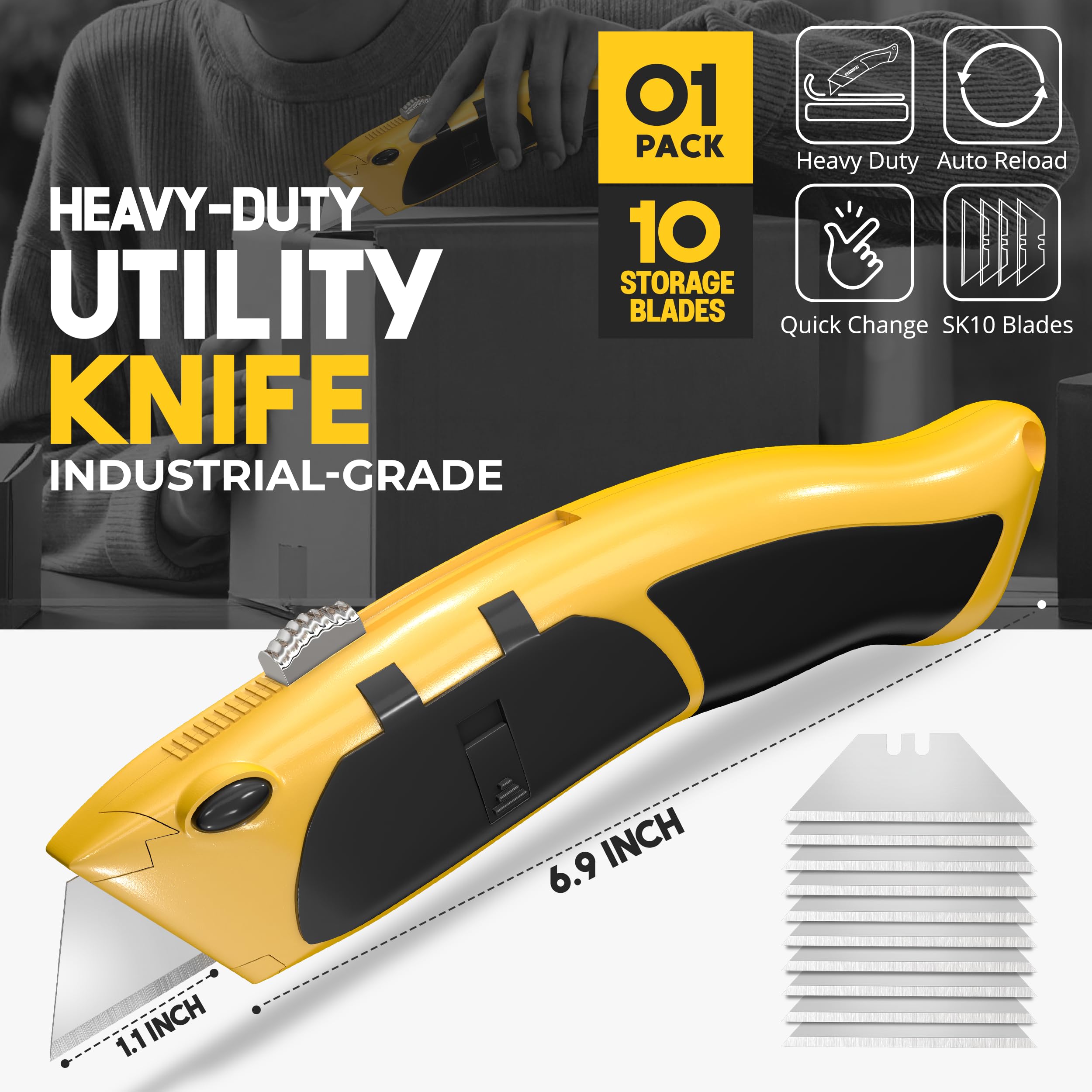 EQUIPTZ Auto Reload Utility Knife blade-storage highlights built-in 10 blades for fast replacements