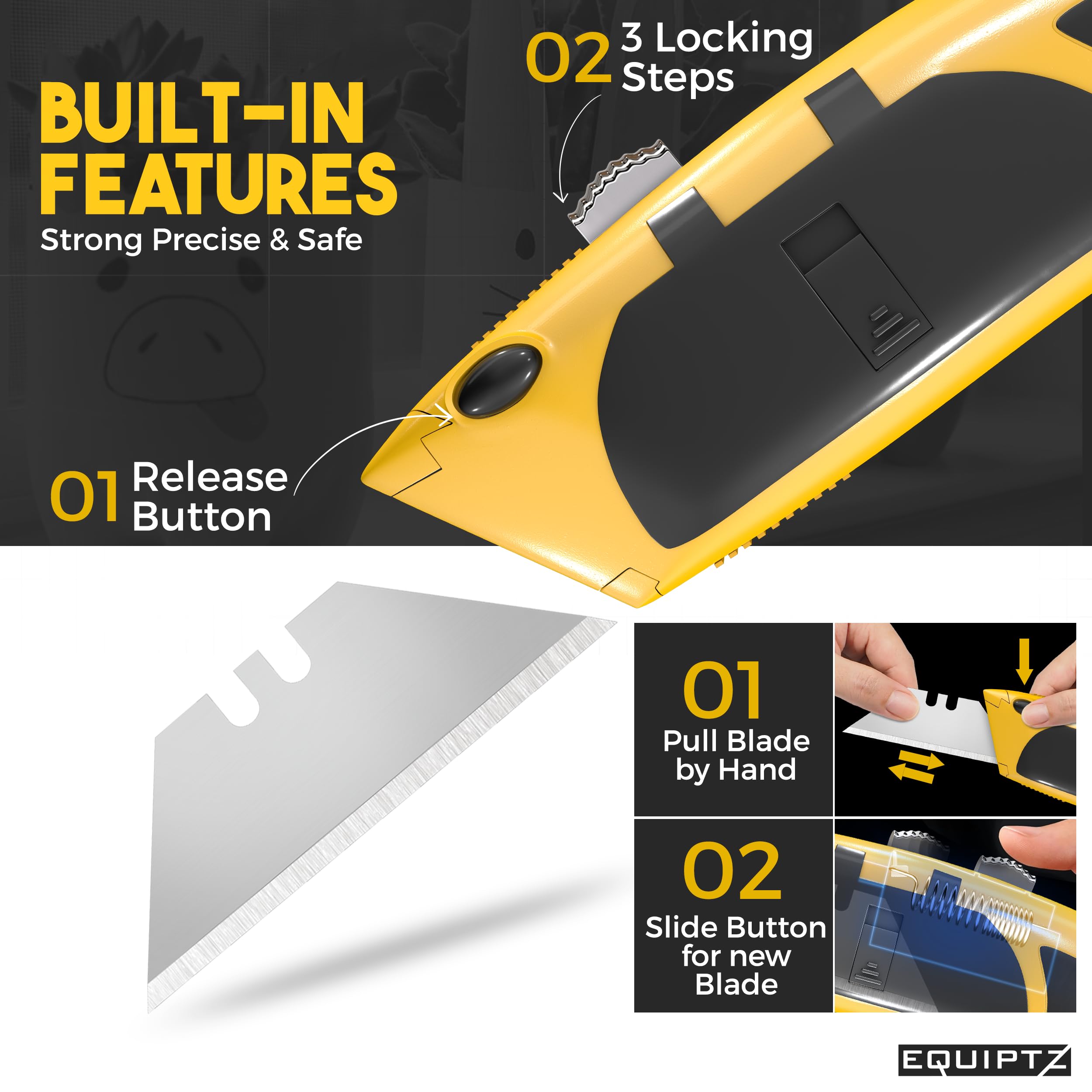 EQUIPTZ Auto Reload Utility Knife depth-slider enables precise controlled cuts