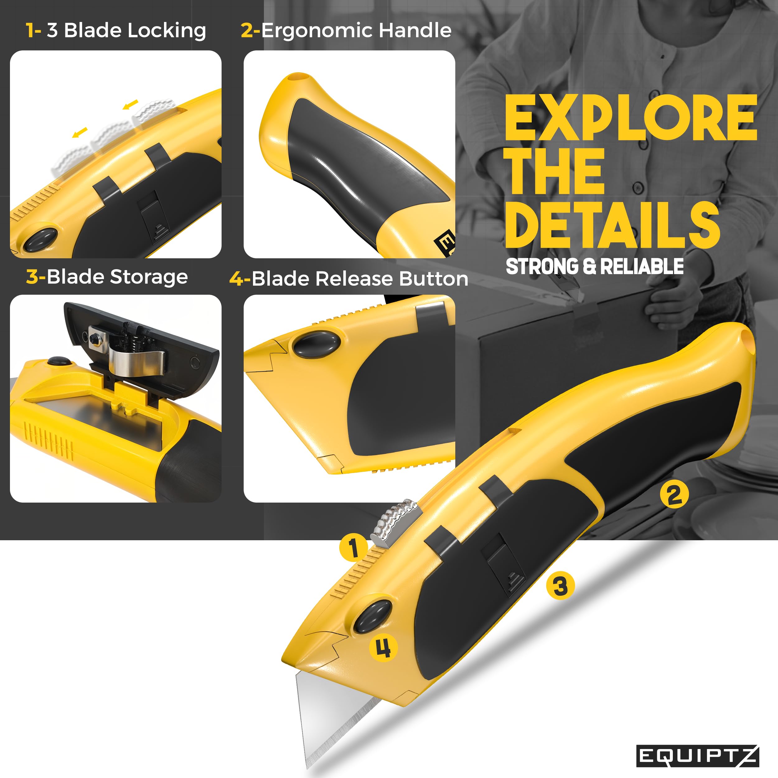 EQUIPTZ Auto Reload Utility Knife non-slip-handle provides secure grip during tasks