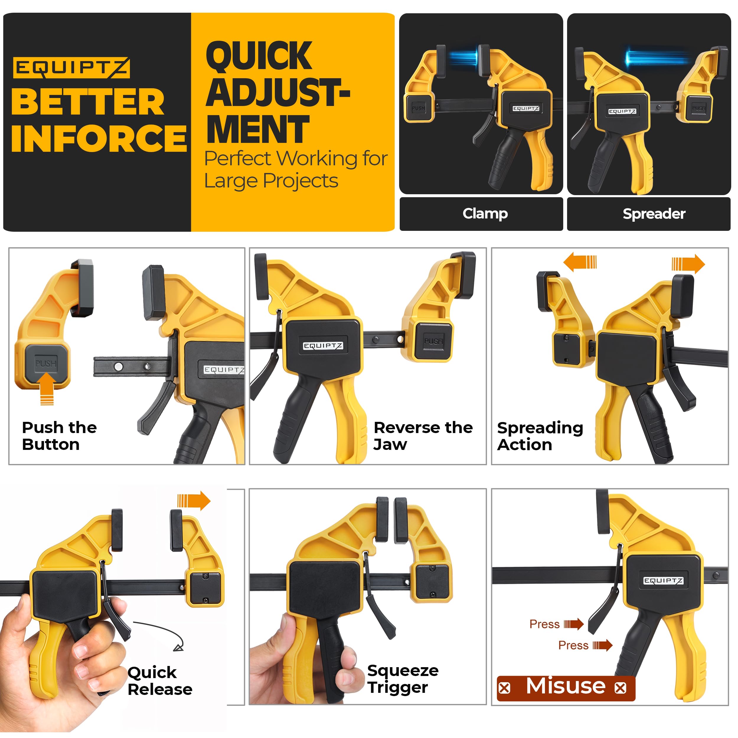 EQUIPTZ 2-in-1 F clamp and spreader offers versatile setup options.