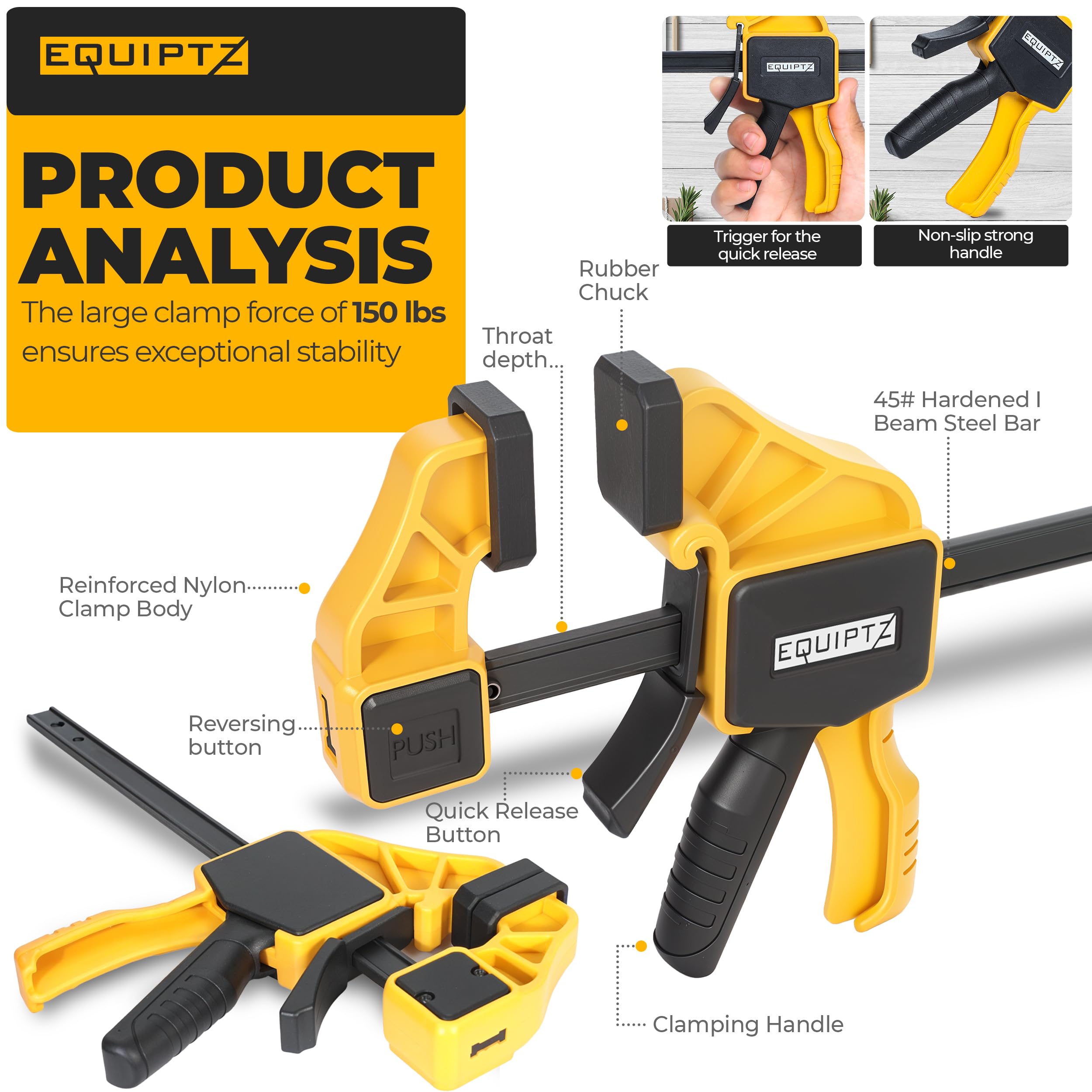 EQUIPTZ 6inch bar clamps close-up—padded jaws protect surfaces during clamping.