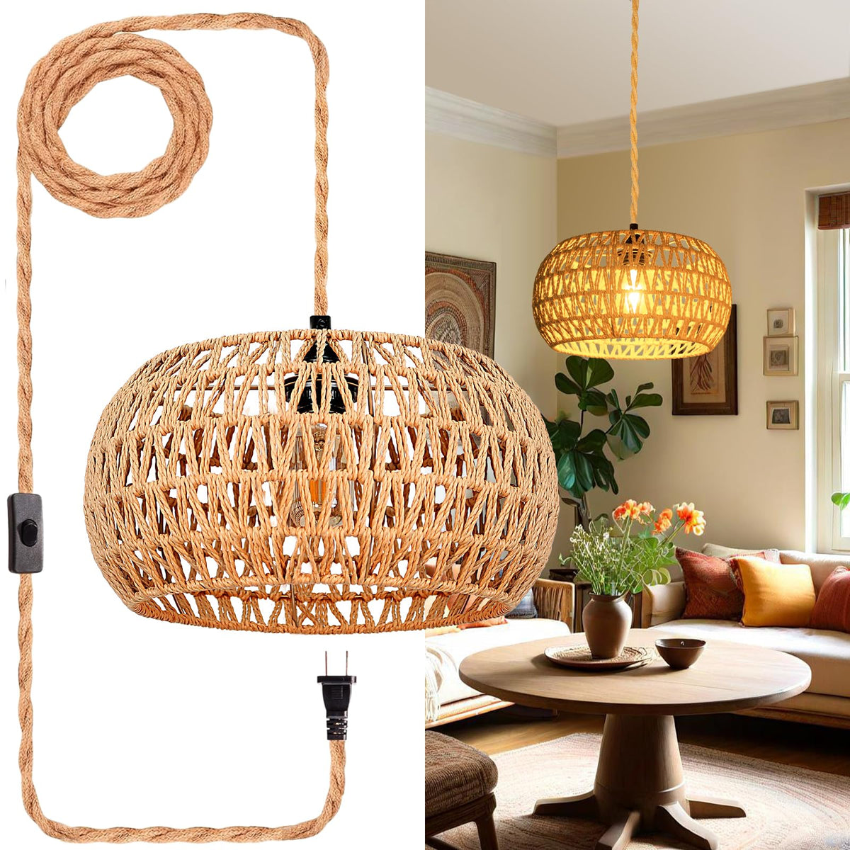Eququorva hanging light with rattan shade casting warm ambience in living spaces.