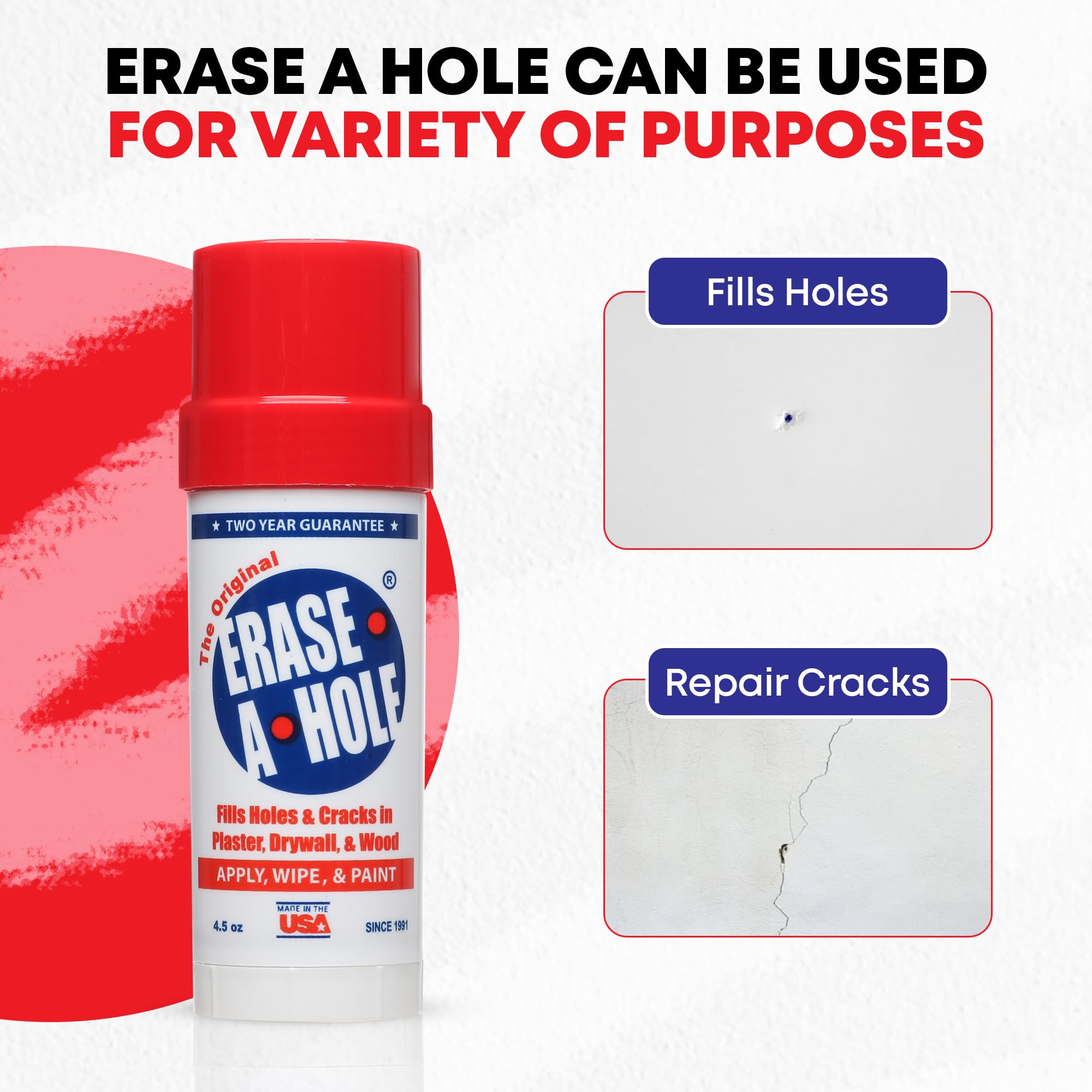 Erase-A-Hole wall repair stick filling screw holes on plaster for a durable repair.