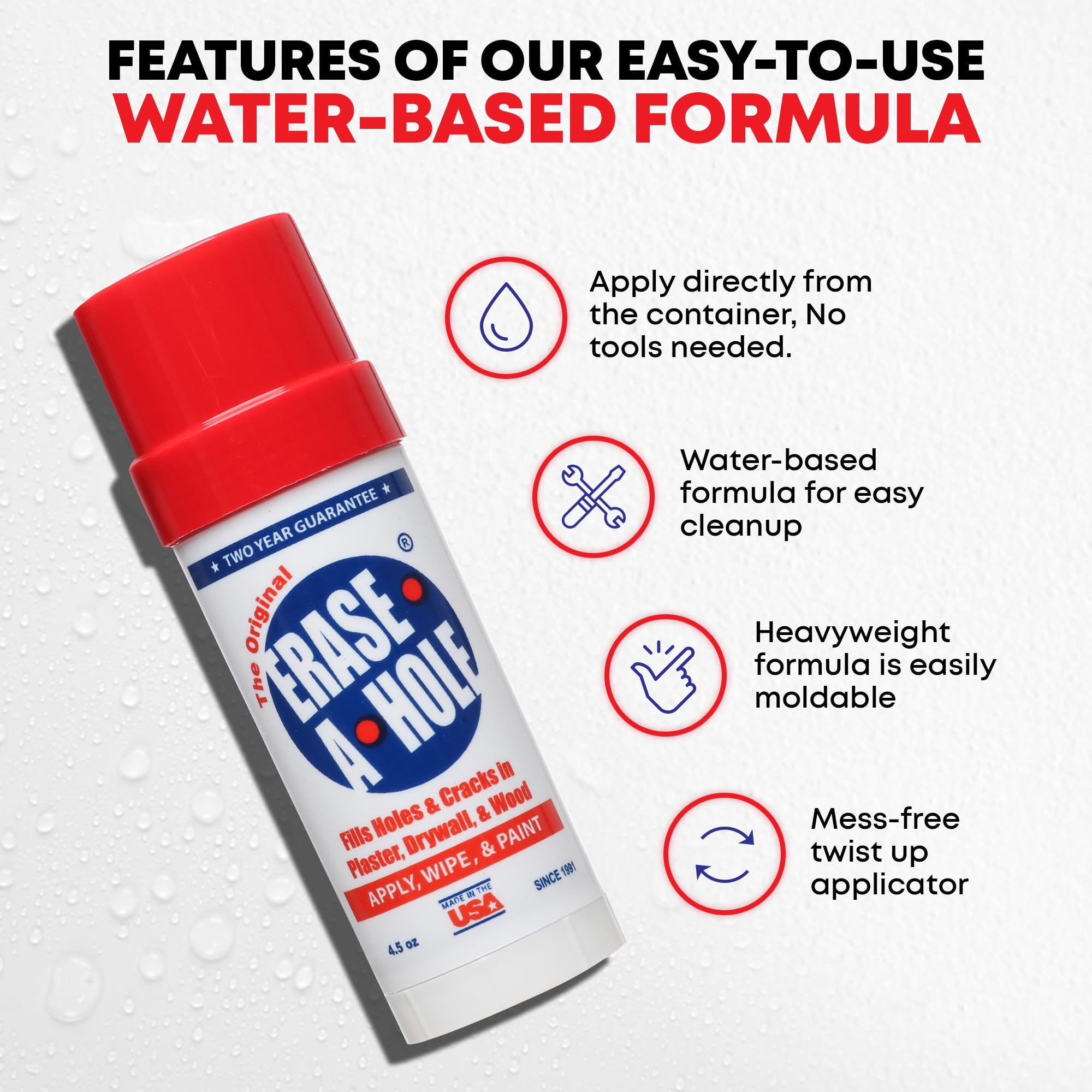 Erase-A-Hole twist-up applicator lets you repair anywhere without tools.