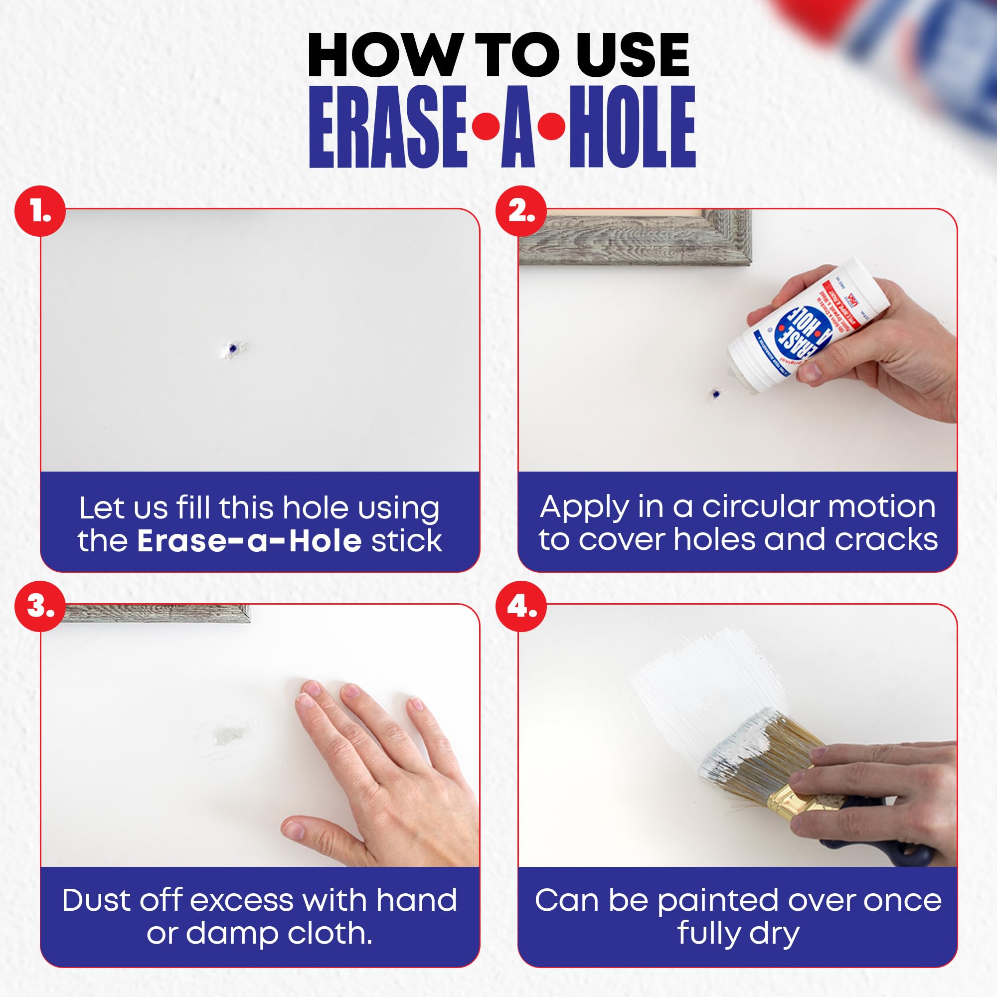 Erase-A-Hole works on drywall, wood, and plaster for versatile home touch-ups.