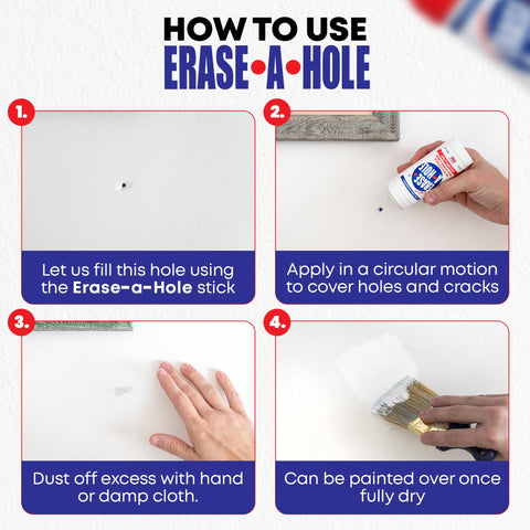 Erase-A-Hole works on drywall, wood, and plaster for versatile home touch-ups.
