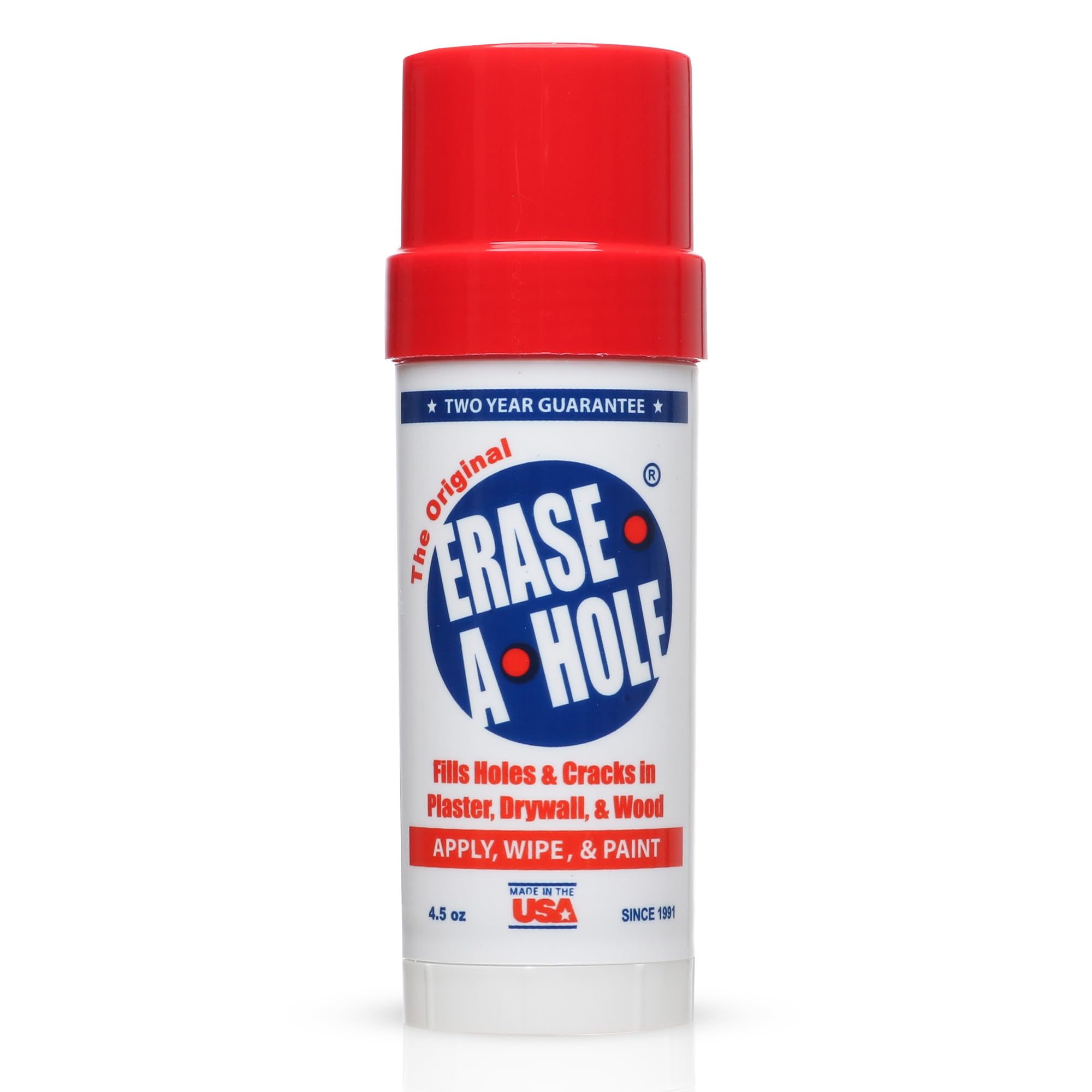Erase-A-Hole wall repair stick in use filling a drywall nail hole quickly.