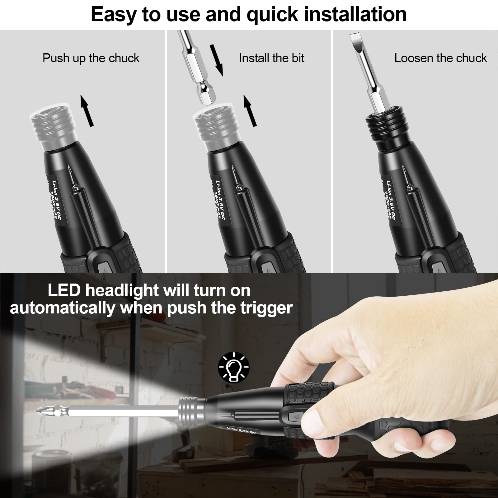 ERAVOR 3.6V cordless screwdriver shows 1800mAh USB-C battery for long runtime and fast charging.