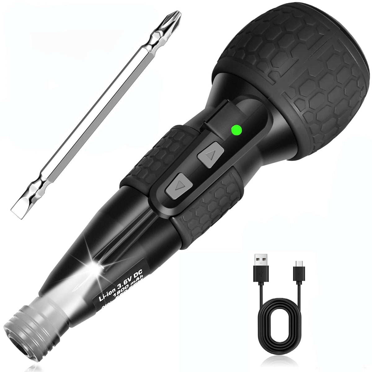 ERAVOR 3.6V cordless screwdriver front view shows compact, easy-to-handle design for tight spaces.
