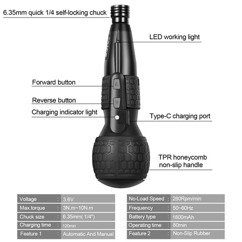 ERAVOR 3.6V cordless screwdriver LED work light brightening dark work areas.